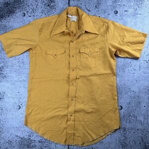Vintage 70s Karman Western Wear Pearl Snaps Mustard Yellow Size 16 Big Collar